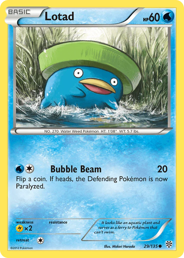 29, Black & White: Plasma Storm, Common, Lightning[×2], Normal, Reverse Holofoil, Water Lotad (29/135) [Black & White: Plasma Storm] - Trading Card World