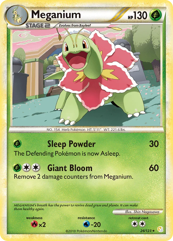 26, Fire[×2], Grass, HeartGold & SoulSilver: Base Set, Normal, Rare, Reverse Holofoil, Water[-20] Meganium (26/123) [HeartGold & SoulSilver: Base Set] - Trading Card World