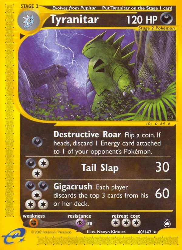 40, Aquapolis, Darkness, Fighting[×2], Normal, Psychic[-30], Rare, Reverse Holofoil Tyranitar (40/147) [Aquapolis] - Trading Card World