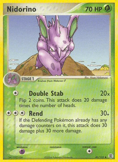 41, EX: FireRed & LeafGreen, Grass, Normal, Psychic[×2], Reverse Holofoil, Uncommon Nidorino (41/112) [EX: FireRed & LeafGreen] - Trading Card World