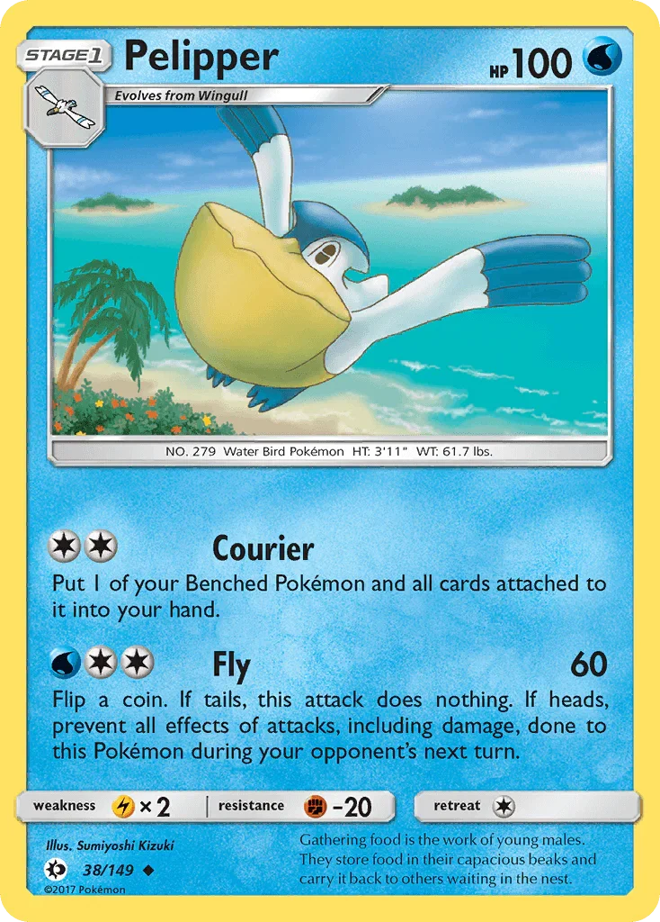 38, Fighting[-20], Lightning[×2], Normal, Reverse Holofoil, Sun & Moon: Base Set, Uncommon, Water Pelipper (38/149) [Sun & Moon: Base Set] - Trading Card World