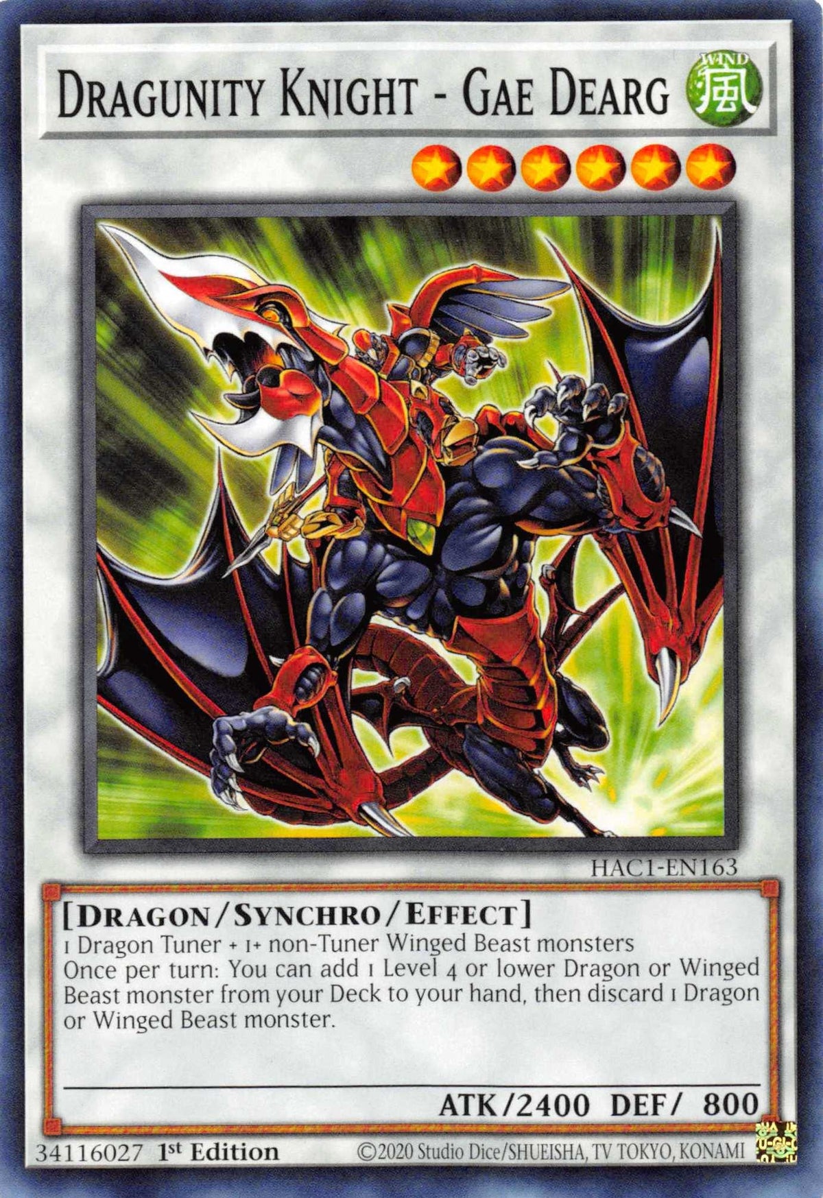 1st Edition, Common, Dragon, Hidden Arsenal: Chapter 1, Synchro/Effect Monster, Wind Dragunity Knight - Gae Dearg [HAC1-EN163] Common - Trading Card World