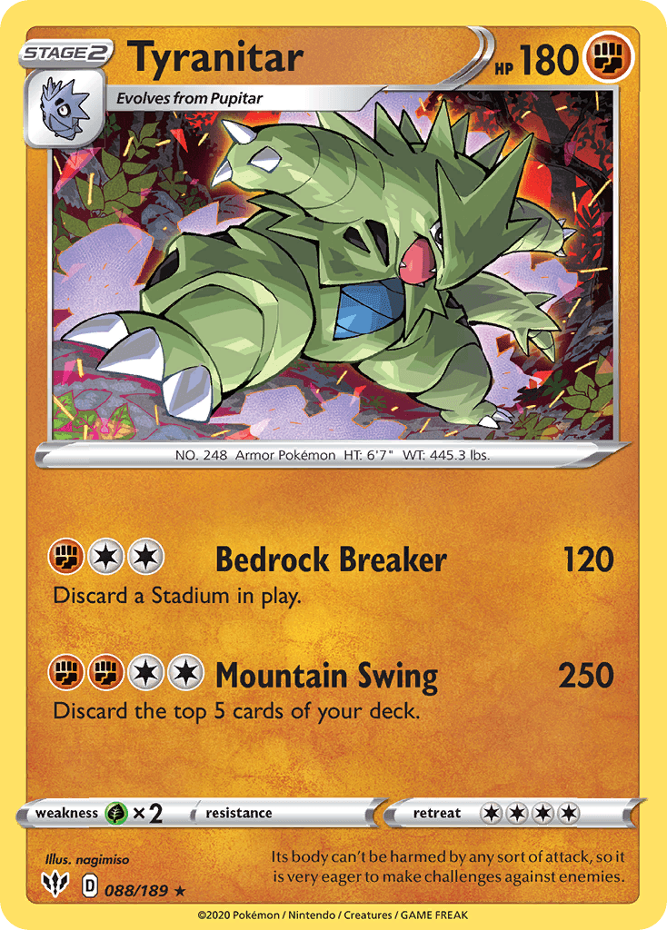 088, Fighting, Grass[×2], Holo Rare, Holofoil, Reverse Holofoil, Sword & Shield: Darkness Ablaze Tyranitar (088/189) [Sword & Shield: Darkness Ablaze] - Trading Card World