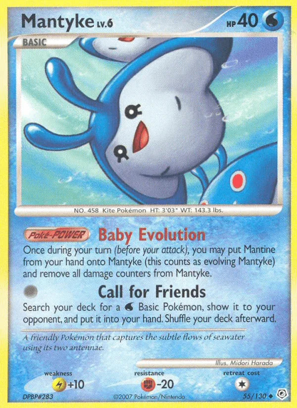 55, Diamond & Pearl: Base Set, Fighting[-20], Lightning[+10], Normal, Reverse Holofoil, Uncommon, Water Mantyke (55/130) [Diamond & Pearl: Base Set] - Trading Card World
