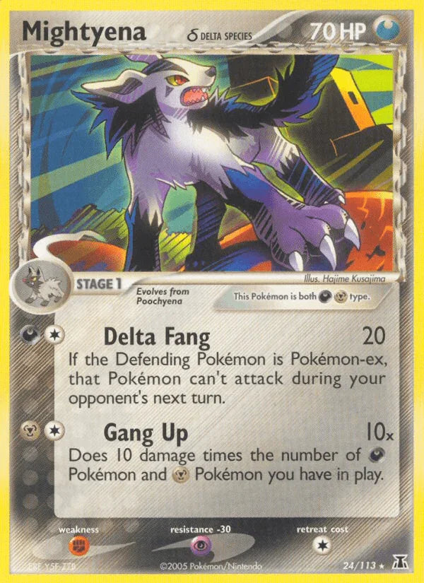 24, Darkness, EX: Delta Species, Fighting[×2], Metal, Normal, Psychic[-30], Rare Mightyena (24/113) (Delta Species) [EX: Delta Species] - Trading Card World