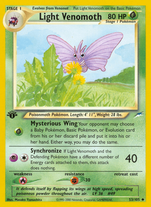 1st Edition Normal, 53, Fighting[-30], Fire[×2], Grass, Neo Destiny 1st Edition, Uncommon Light Venomoth (53/105) [Neo Destiny 1st Edition] - Trading Card World