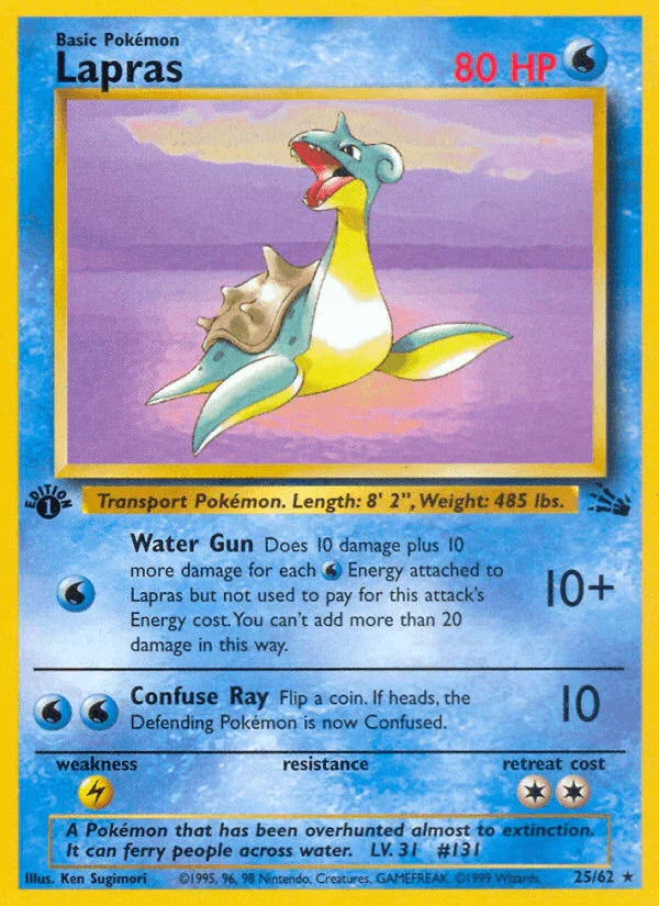 1st Edition Normal, 25, Fossil 1st Edition, Lightning[×2], Rare, Water Lapras (25/62) [Fossil 1st Edition] - Trading Card World