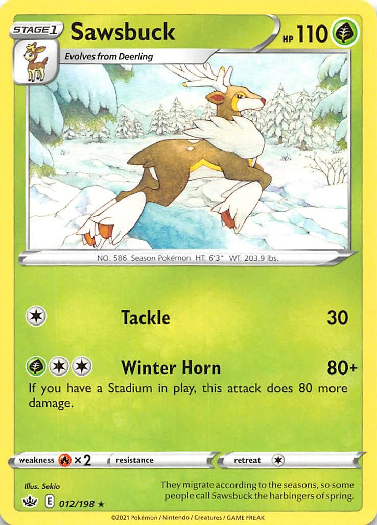 012, Fire [x2], Grass, Normal, Rare, Reverse Holofoil, Sword & Shield: Chilling Reign Sawsbuck (012/198) [Sword & Shield: Chilling Reign] - Trading Card World