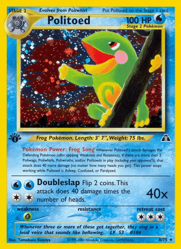 1st Edition Holofoil, Grass[×2], Holo Rare, Neo Discovery 1st Edition, Water Politoed (8/75) [Neo Discovery 1st Edition] - Trading Card World