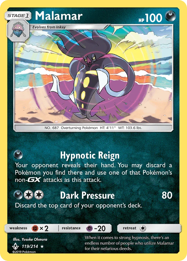 119, Darkness, Fighting[×2], Holo Rare, Holofoil, Psychic[-20], Reverse Holofoil, Sun & Moon: Unbroken Bonds Malamar (119/214) [Sun & Moon: Unbroken Bonds] - Trading Card World