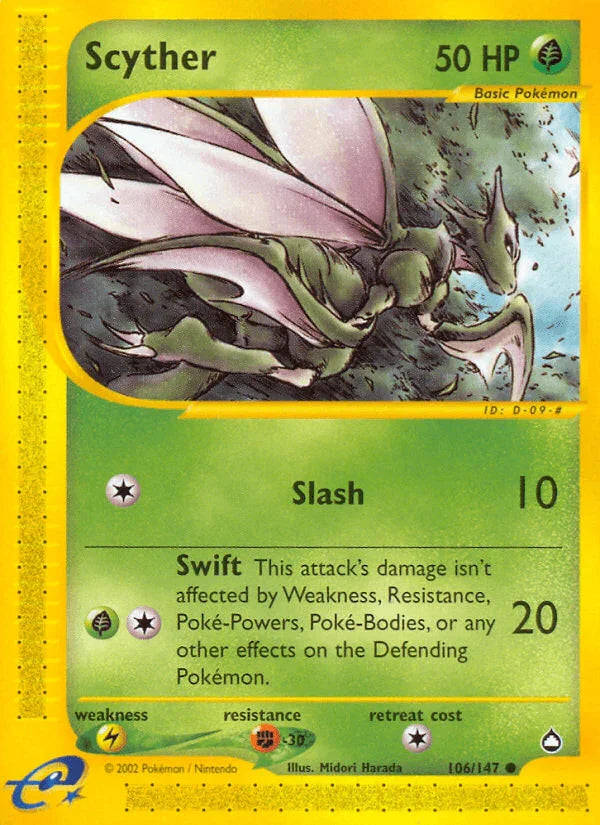106, Aquapolis, Common, Fighting[-30], Grass, Lightning[×2], Normal, Reverse Holofoil Scyther (106/147) [Aquapolis] - Trading Card World