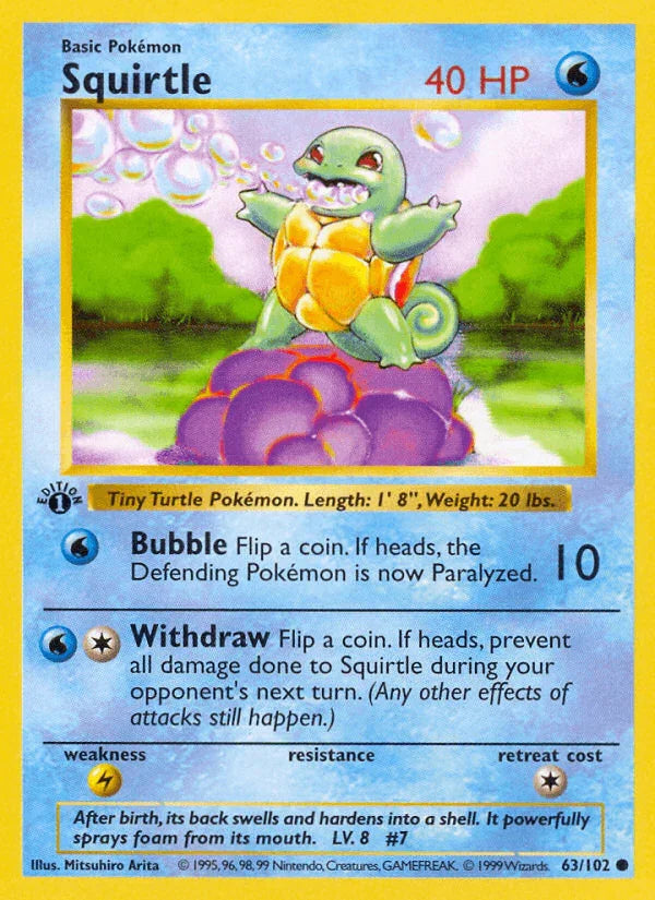 1st Edition Normal, 63, Base Set 1st Edition, Common, Lightning[×2], Water Squirtle (63/102) (Shadowless) [Base Set 1st Edition] - Trading Card World
