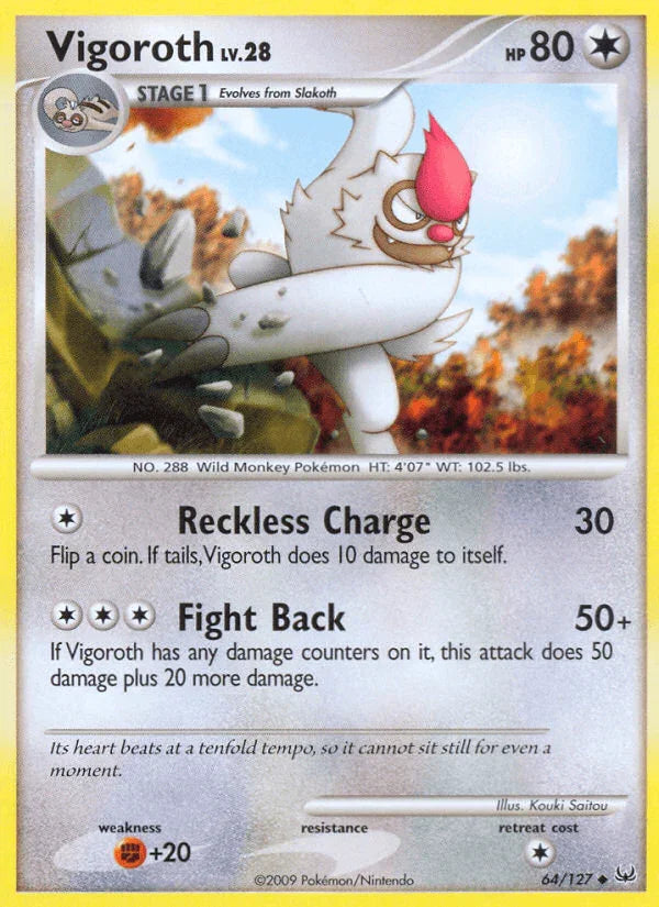 64, Colorless, Fighting[+20], Normal, Platinum: Base Set, Reverse Holofoil, Uncommon Vigoroth (64/127) [Platinum: Base Set] - Trading Card World