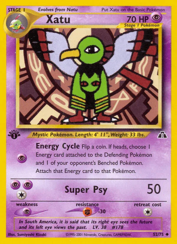 1st Edition Normal, 52, Fighting[-30], Neo Discovery 1st Edition, Psychic, Psychic[×2], Uncommon Xatu (52/75) [Neo Discovery 1st Edition] - Trading Card World