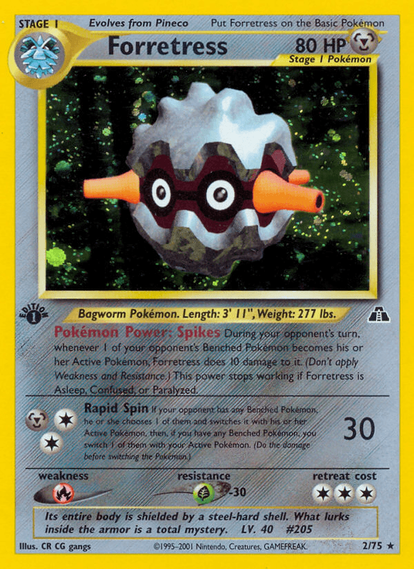 1st Edition Holofoil, Fire[×2], Grass[-30], Holo Rare, Metal, Neo Discovery 1st Edition Forretress (2/75) [Neo Discovery 1st Edition] - Trading Card World