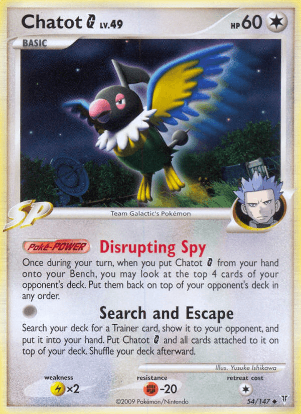 54, Colorless, Fighting[-20], Lightning[×2], Normal, Platinum: Supreme Victors, Reverse Holofoil, Uncommon Chatot G (54/147) [Platinum: Supreme Victors] - Trading Card World