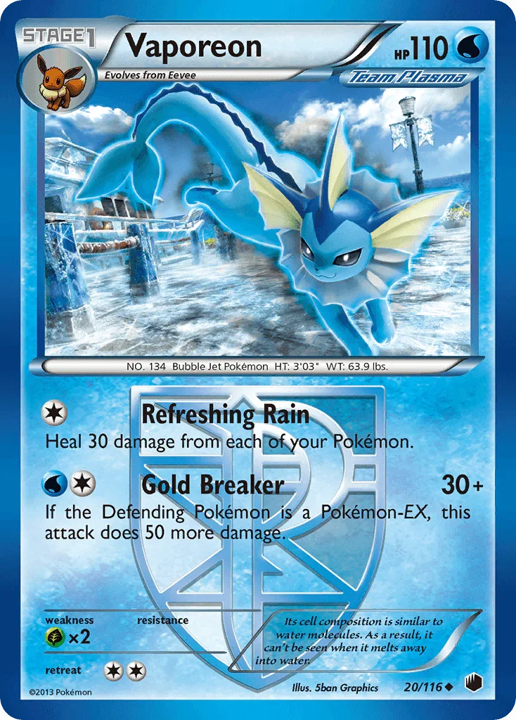 20, Black & White: Plasma Freeze, Grass[×2], Normal, Reverse Holofoil, Uncommon, Water Vaporeon (20/116) [Black & White: Plasma Freeze] - Trading Card World