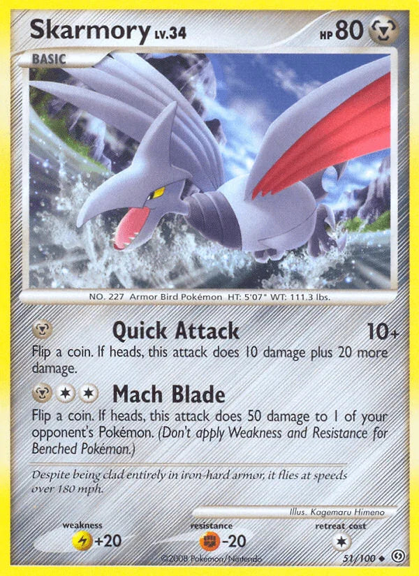 51, Diamond & Pearl: Stormfront, Fighting[-20], Lightning[+20], Metal, Normal, Reverse Holofoil, Uncommon Skarmory (51/100) [Diamond & Pearl: Stormfront] - Trading Card World