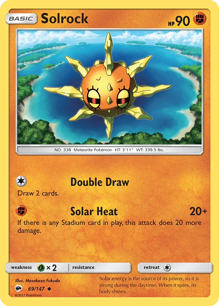 69, Fighting, Grass[×2], Normal, Reverse Holofoil, Sun & Moon: Burning Shadows, Uncommon Solrock (69/147) [Sun & Moon: Burning Shadows] - Trading Card World