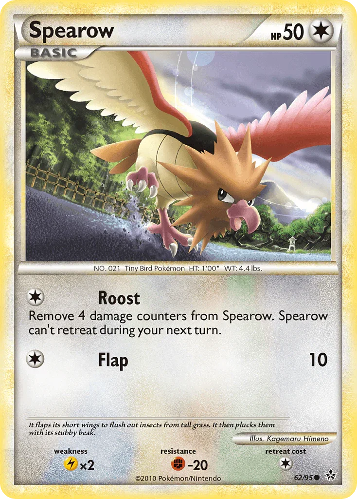 62, Colorless, Common, Fighting[-20], HeartGold & SoulSilver: Unleashed, Lightning[×2], Normal, Reverse Holofoil Spearow (62/95) [HeartGold & SoulSilver: Unleashed] - Trading Card World