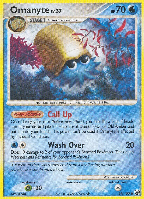 69, Common, Diamond & Pearl: Majestic Dawn, Grass[+20], Normal, Reverse Holofoil, Water Omanyte (69/100) [Diamond & Pearl: Majestic Dawn] - Trading Card World