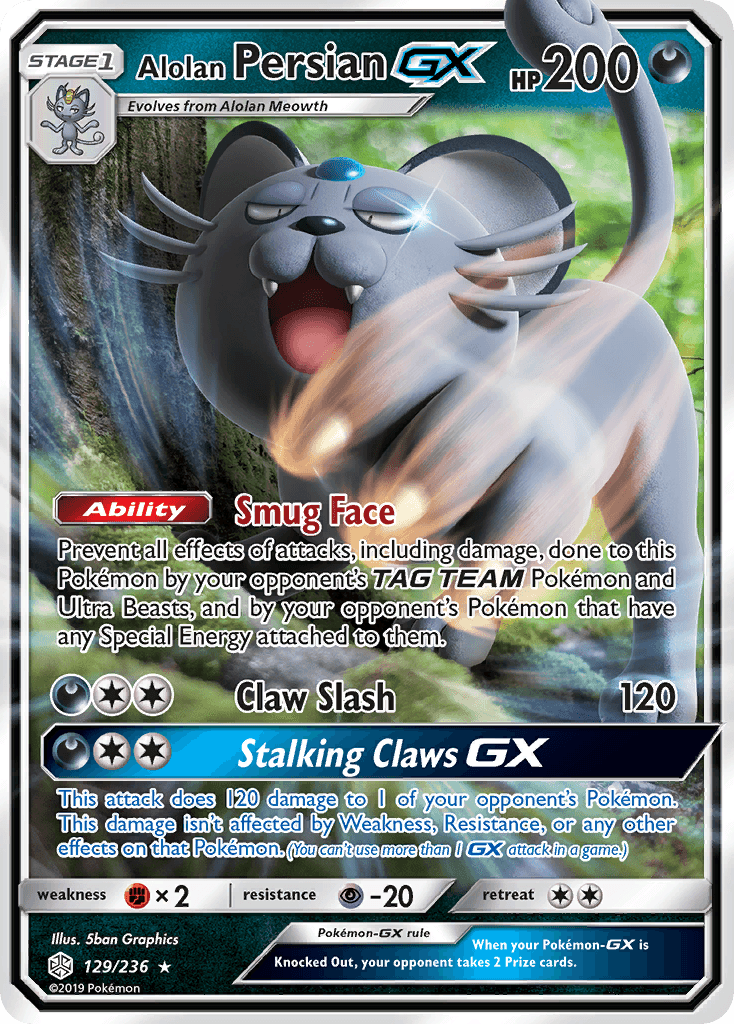 129, Darkness, Fighting[×2], Holofoil, Psychic[-20], Sun & Moon: Cosmic Eclipse, Ultra Rare Alolan Persian GX (129/236) [Sun & Moon: Cosmic Eclipse] - Trading Card World