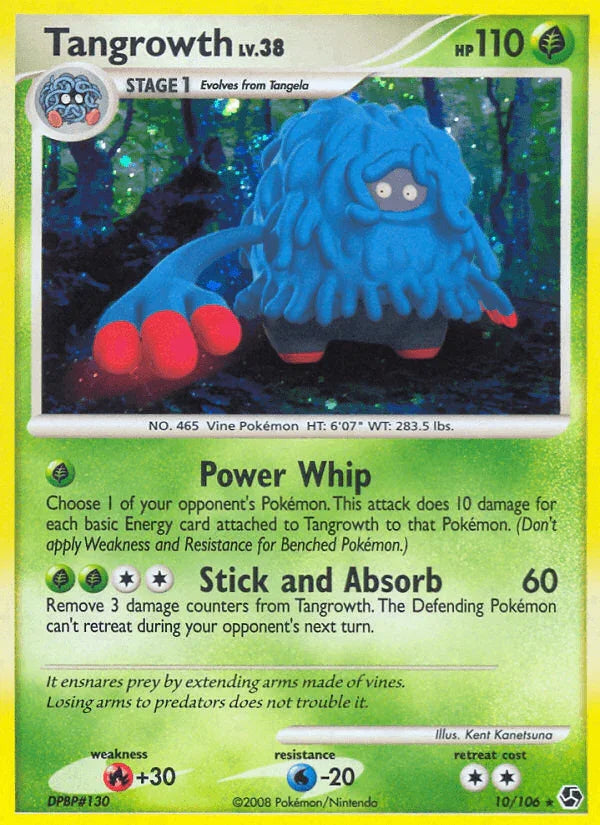 10, Diamond & Pearl: Great Encounters, Fire[+30], Grass, Holo Rare, Holofoil, Reverse Holofoil, Water[-20] Tangrowth (10/106) [Diamond & Pearl: Great Encounters] - Trading Card World