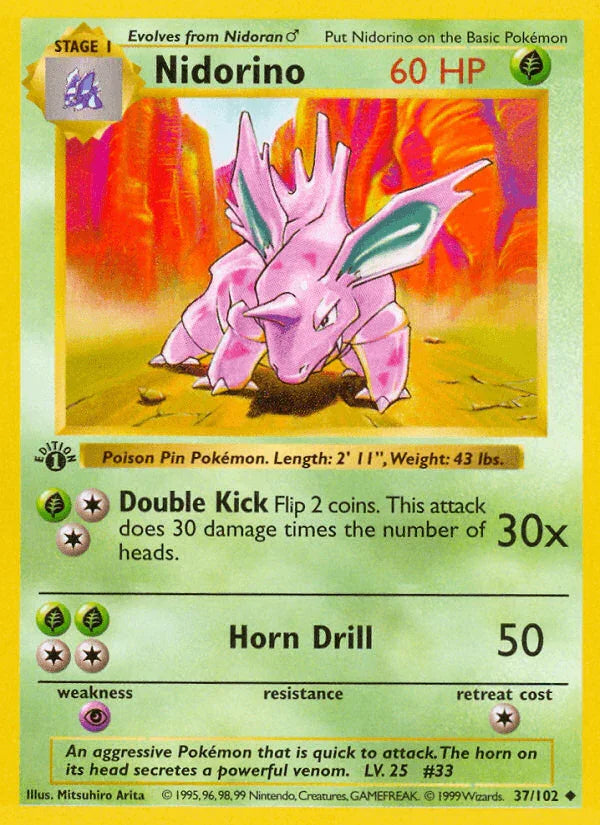 1st Edition Normal, 37, Base Set 1st Edition, Grass, Psychic[×2], Uncommon Nidorino (37/102) (Shadowless) [Base Set 1st Edition] - Trading Card World
