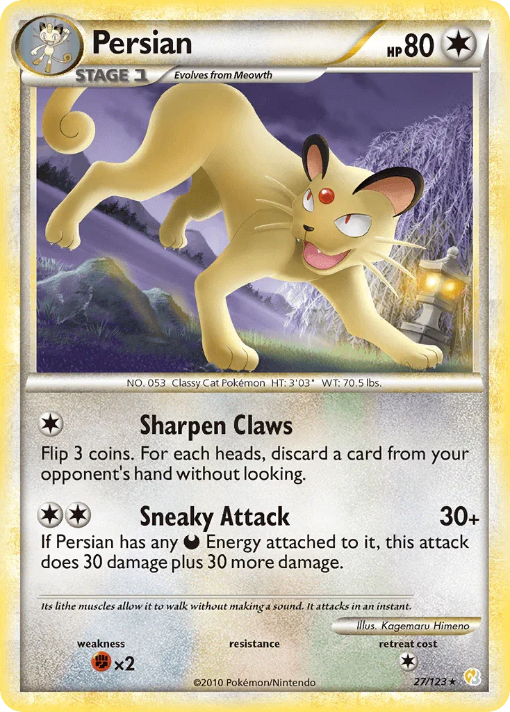 27, Colorless, Fighting[×2], HeartGold & SoulSilver: Base Set, Normal, Rare, Reverse Holofoil Persian (27/123) [HeartGold & SoulSilver: Base Set] - Trading Card World