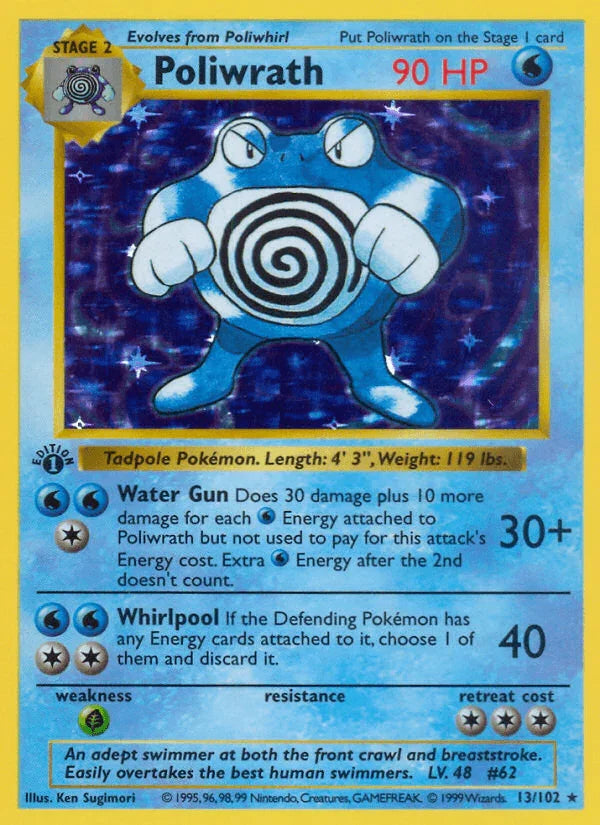 13, 1st Edition Holofoil, Base Set 1st Edition, Grass[×2], Holo Rare, Water Poliwrath (13/102) (Shadowless) [Base Set 1st Edition] - Trading Card World