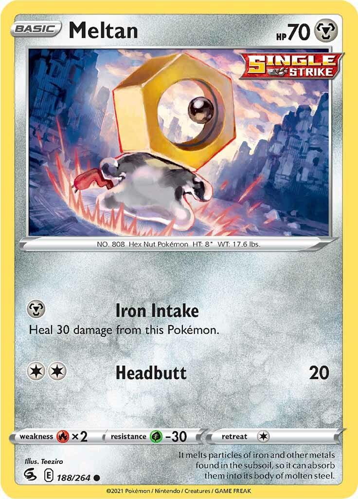 188, Common, Fire [x2], Grass [-30], Metal, Normal, Reverse Holofoil, Sword & Shield: Fusion Strike Meltan (188/264) [Sword & Shield: Fusion Strike] - Trading Card World