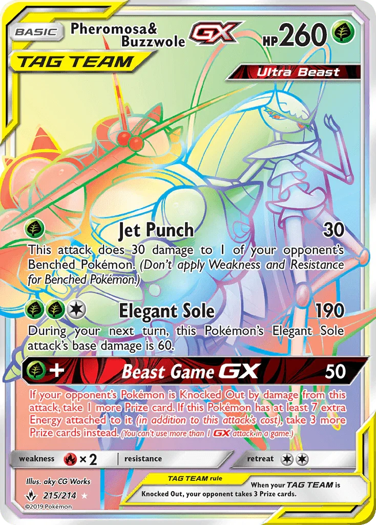 215, Fire[×2], Grass, Holofoil, Secret Rare, Sun & Moon: Unbroken Bonds Pheromosa & Buzzwole GX (215/214) [Sun & Moon: Unbroken Bonds] - Trading Card World