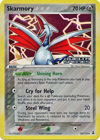55, EX: Delta Species, Fire[×2], Grass[-30], Metal, Reverse Holofoil, Uncommon Skarmory (55/113) (Stamped) [EX: Delta Species] - Trading Card World