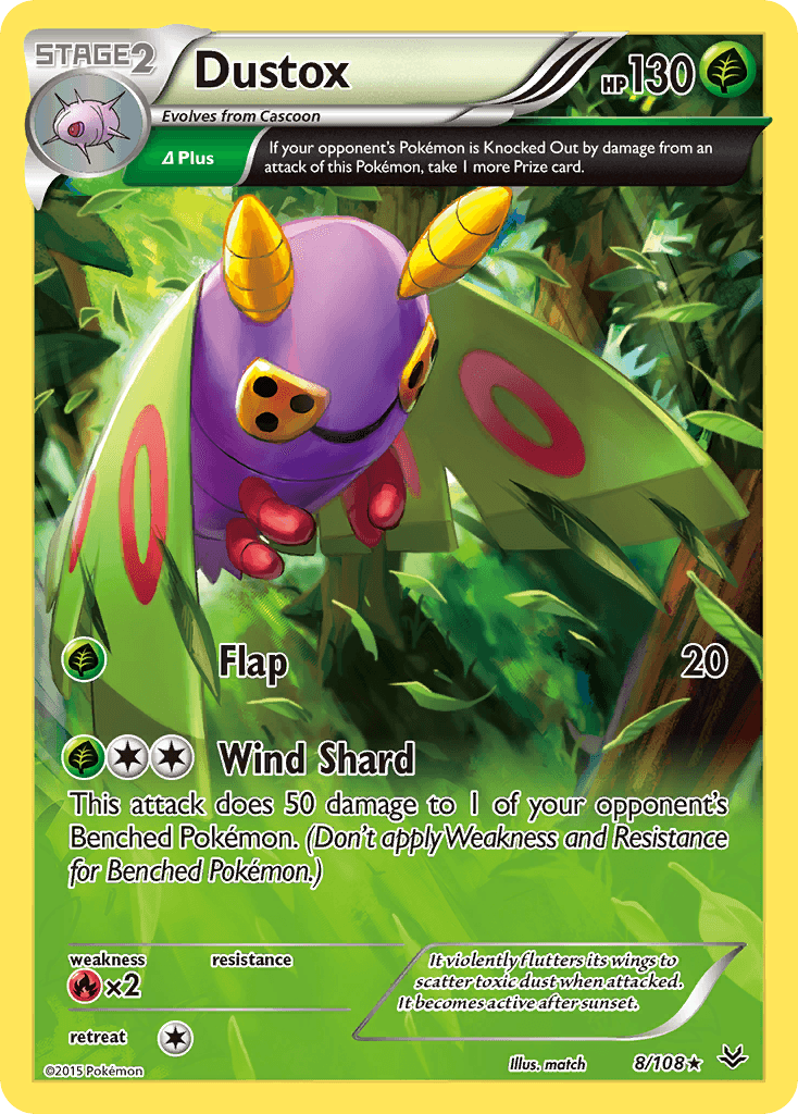 Fire[×2], Grass, Normal, Rare, Reverse Holofoil, XY: Roaring Skies Dustox (8/108) [XY: Roaring Skies] - Trading Card World