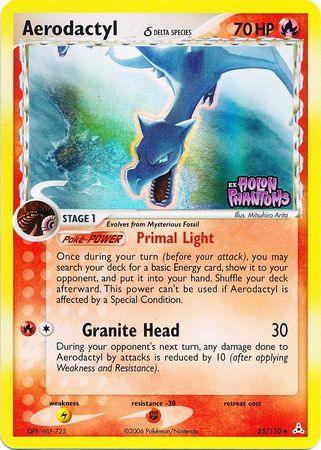 35, EX: Holon Phantoms, Fighting[-30], Fire, Lightning[×2], Reverse Holofoil, Uncommon Aerodactyl (35/110) (Delta Species) (Stamped) [EX: Holon Phantoms] - Trading Card World