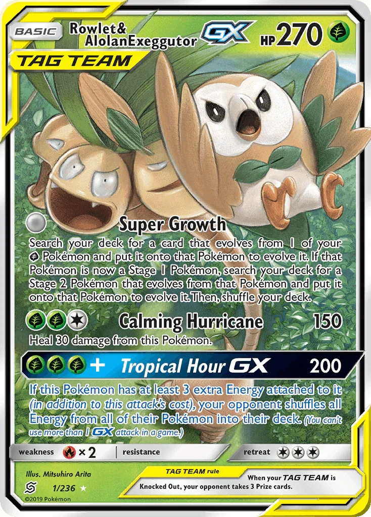 Fire[×2], Grass, Holofoil, Sun & Moon: Unified Minds, Ultra Rare Rowlet & Alolan Exeggutor GX (1/236) [Sun & Moon: Unified Minds] - Trading Card World