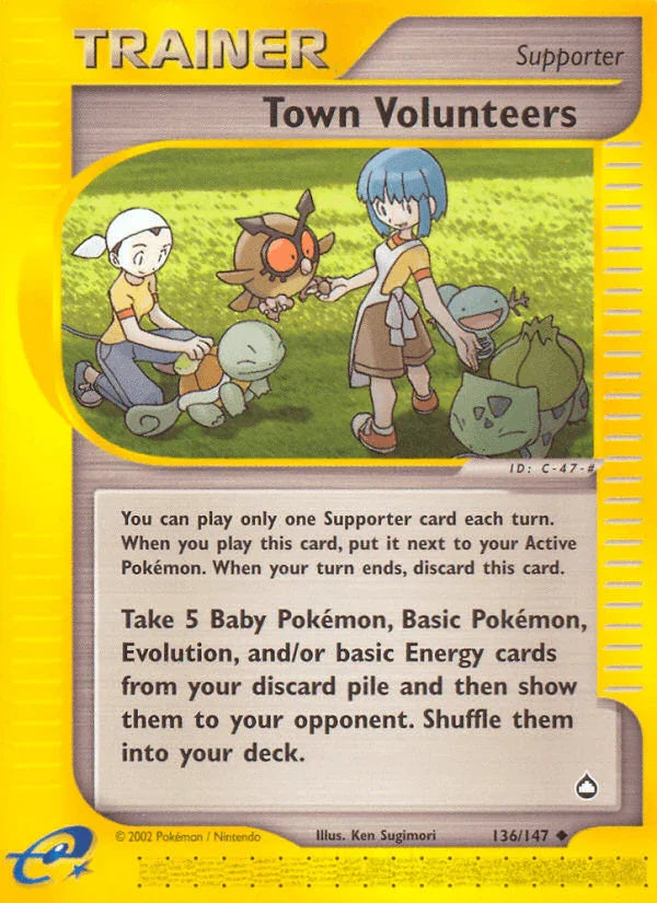 136, Aquapolis, Normal, Reverse Holofoil, Supporter, Uncommon Town Volunteers (136/147) [Aquapolis] - Trading Card World