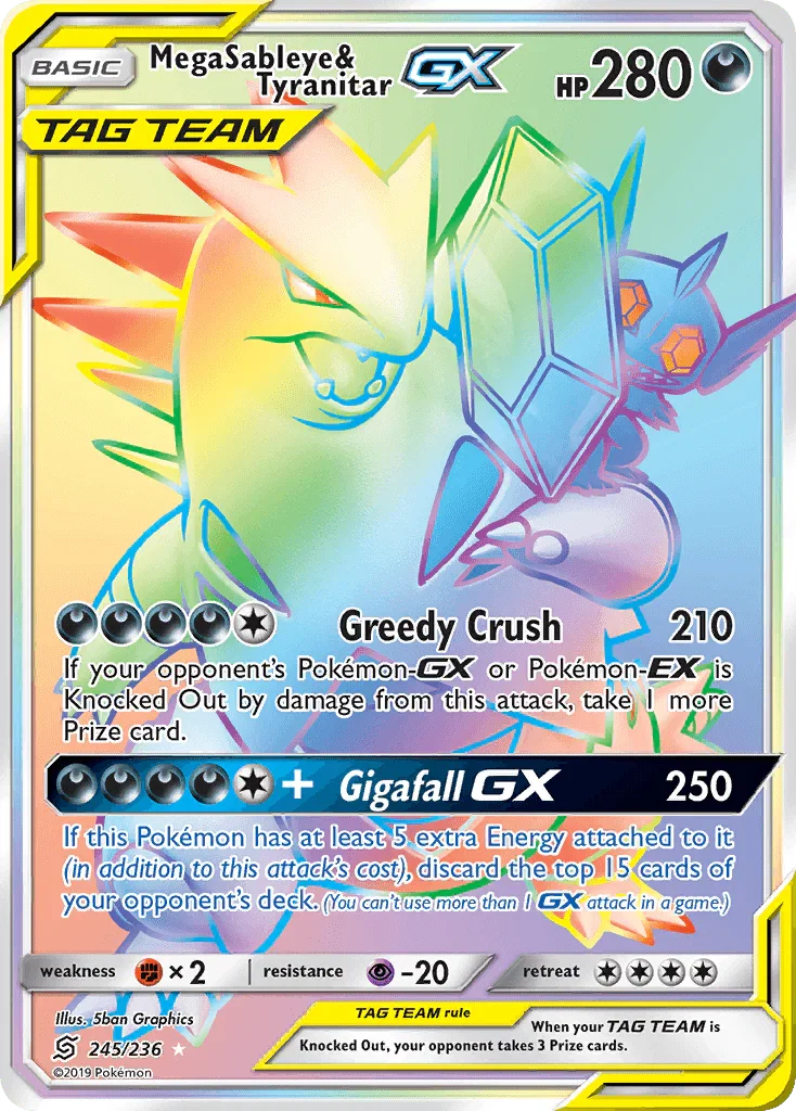 245, Darkness, Fighting[×2], Holofoil, Psychic[-20], Secret Rare, Sun & Moon: Unified Minds Mega Sableye & Tyranitar GX (245/236) [Sun & Moon: Unified Minds] - Trading Card World