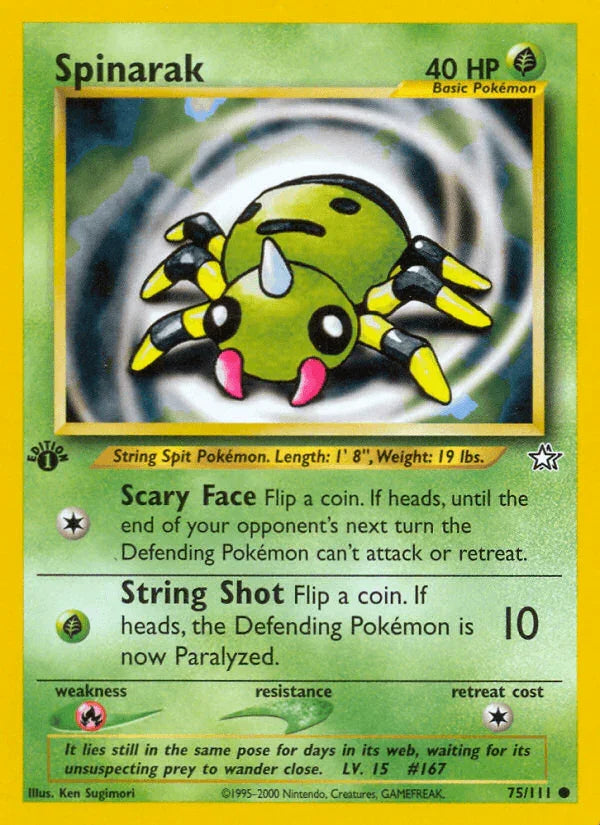 1st Edition Normal, 75, Common, Fire[×2], Grass, Neo Genesis 1st Edition Spinarak (75/111) [Neo Genesis 1st Edition] - Trading Card World