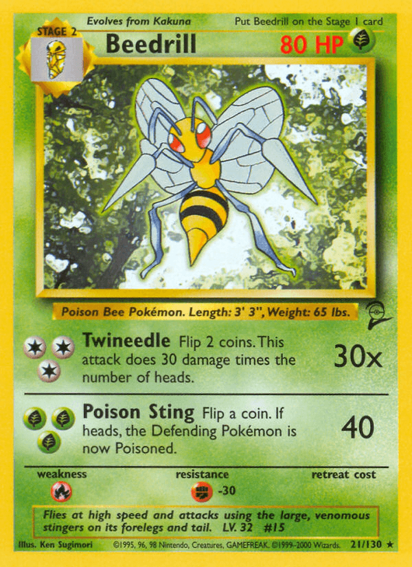 21, Base Set 2, Fighting[-30], Fire[×2], Grass, Normal, Rare Beedrill (21/130) [Base Set 2] - Trading Card World
