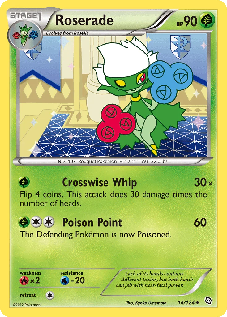 14, Black & White: Dragons Exalted, Fire[×2], Grass, Normal, Reverse Holofoil, Uncommon, Water[-20] Roserade (14/124) [Black & White: Dragons Exalted] - Trading Card World