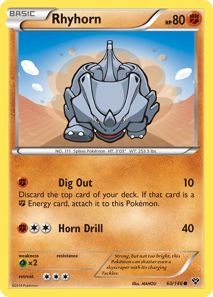 60, Common, Fighting, Grass[×2], Normal, Reverse Holofoil, XY: Base Set Rhyhorn (60/146) [XY: Base Set] - Trading Card World