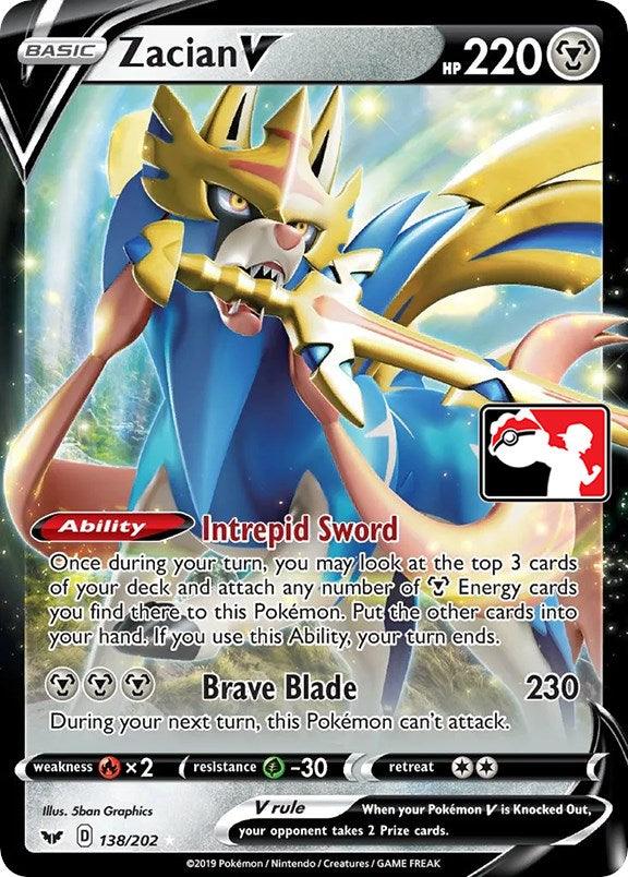 138, Fire[×2], Grass[-30], Holofoil, Metal, Prize Pack Series One, Ultra Rare Zacian V (138/202) [Prize Pack Series One] - Trading Card World