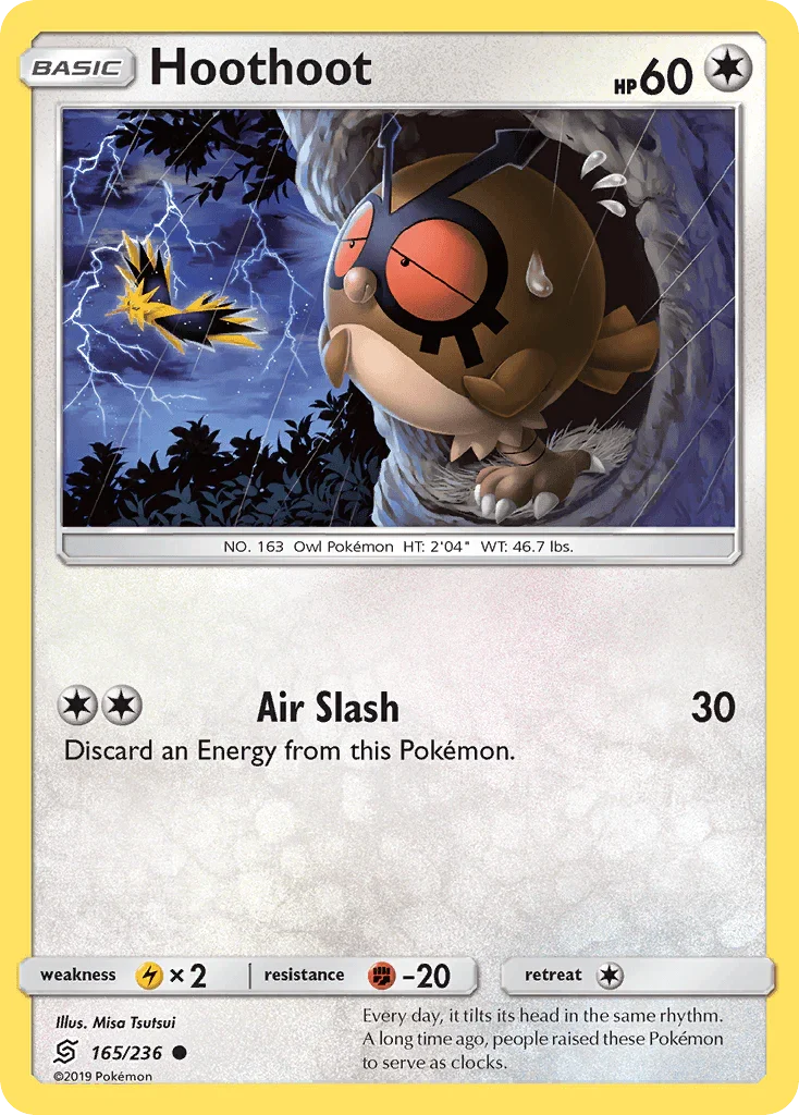 165, Colorless, Common, Fighting[-20], Lightning[×2], Normal, Reverse Holofoil, Sun & Moon: Unified Minds Hoothoot (165/236) [Sun & Moon: Unified Minds] - Trading Card World