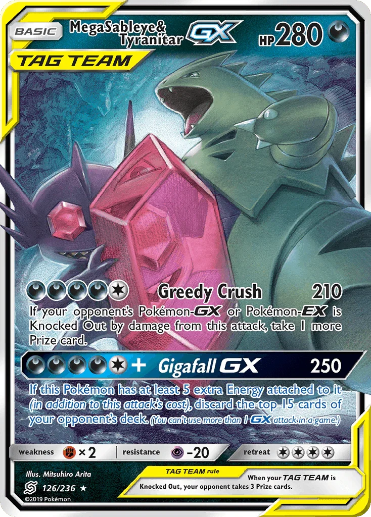126, Darkness, Fighting[×2], Holofoil, Psychic[-20], Sun & Moon: Unified Minds, Ultra Rare Mega Sableye & Tyranitar GX (126/236) [Sun & Moon: Unified Minds] - Trading Card World