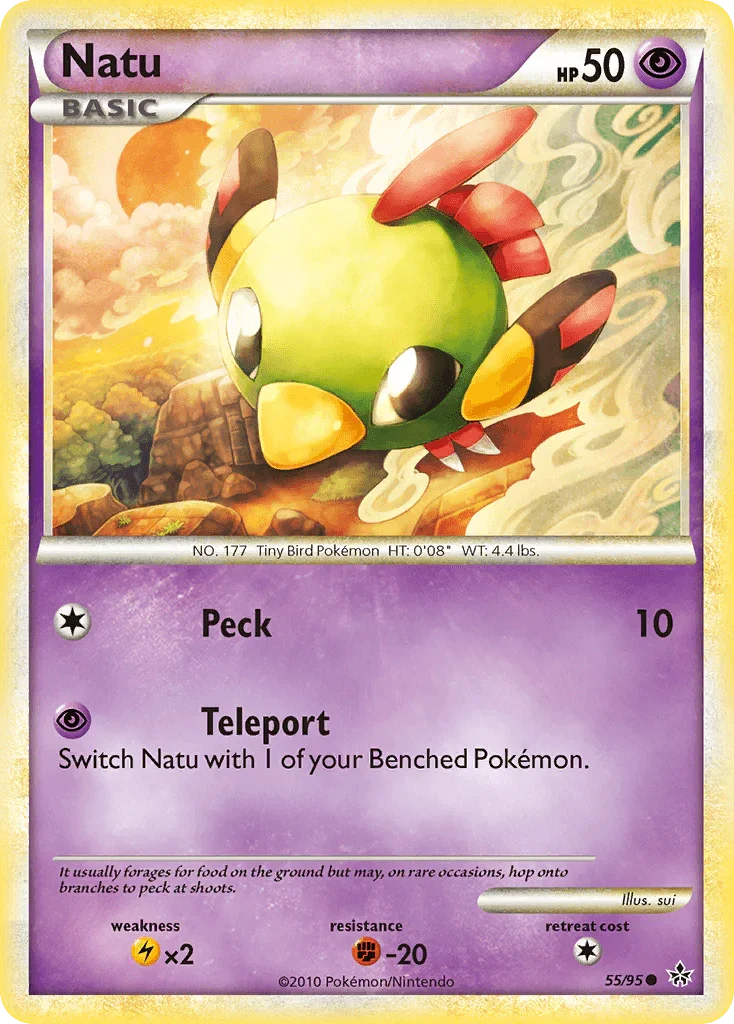 55, Common, Fighting[-20], HeartGold & SoulSilver: Unleashed, Lightning[×2], Normal, Psychic, Reverse Holofoil Natu (55/95) [HeartGold & SoulSilver: Unleashed] - Trading Card World