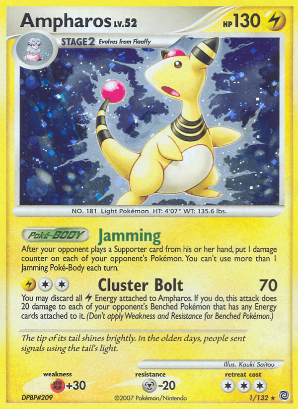 Diamond & Pearl: Secret Wonders, Fighting[+30], Holo Rare, Holofoil, Lightning, Metal[-20], Reverse Holofoil Ampharos (1/132) [Diamond & Pearl: Secret Wonders] - Trading Card World
