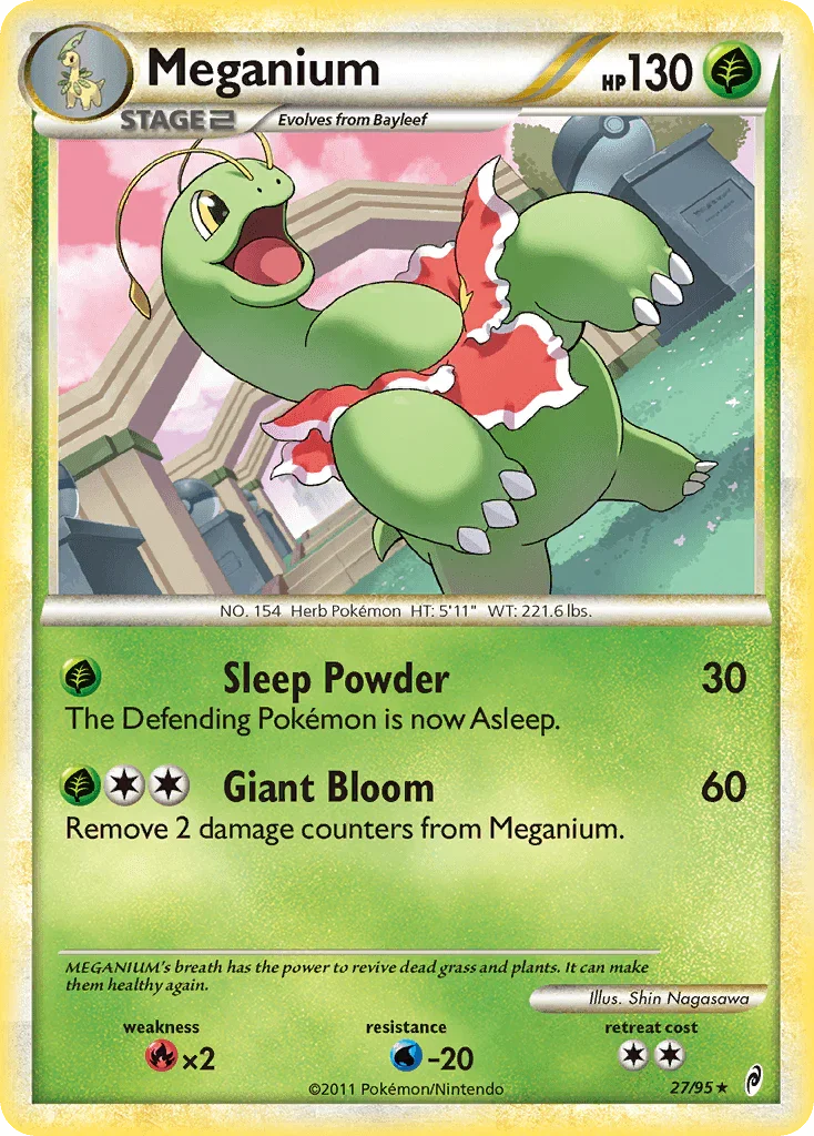 27, Fire[×2], Grass, HeartGold & SoulSilver: Call of Legends, Normal, Rare, Reverse Holofoil, Water[-20] Meganium (27/95) [HeartGold & SoulSilver: Call of Legends] - Trading Card World