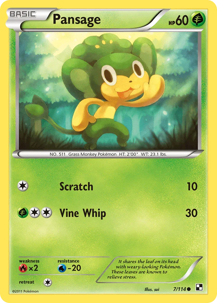 Black & White: Base Set, Common, Fire[×2], Grass, Normal, Reverse Holofoil, Water[-20] Pansage (7/114) [Black & White: Base Set] - Trading Card World