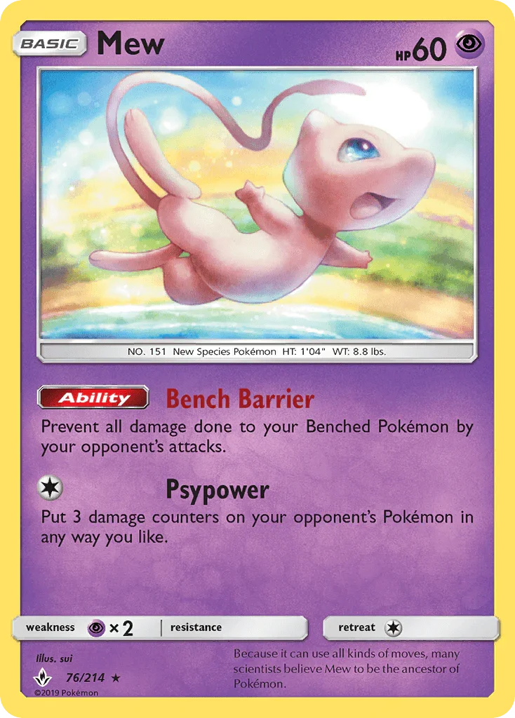 76, Holo Rare, Holofoil, Psychic, Psychic[×2], Reverse Holofoil, Sun & Moon: Unbroken Bonds Mew (76/214) [Sun & Moon: Unbroken Bonds] - Trading Card World